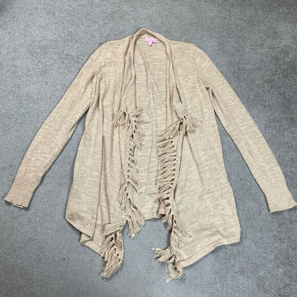 Lilly Pulitzer Womens Medium Lucita Open Front Cardigan Sweater Tan Fringe Trim - Picture 1 of 4
